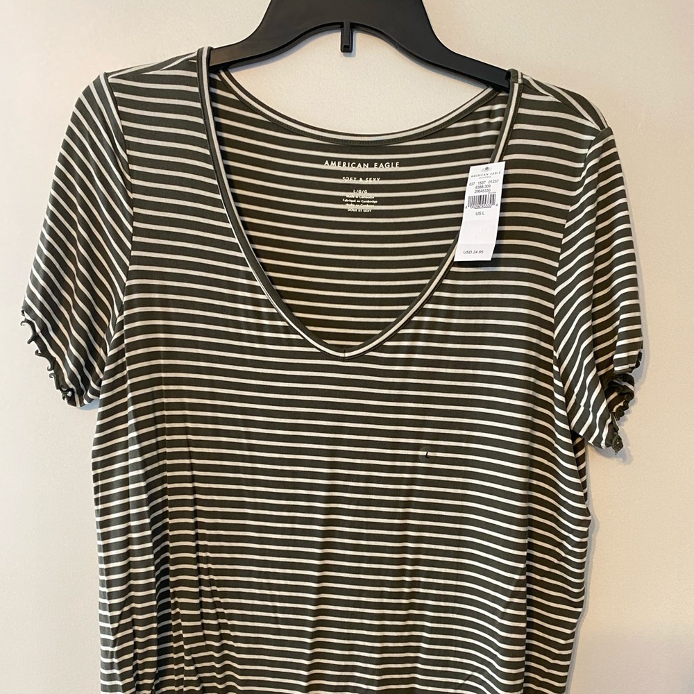 Green and white V-neck Tee